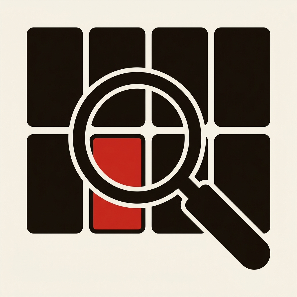 A magnifying glass finding one winning card in a grid