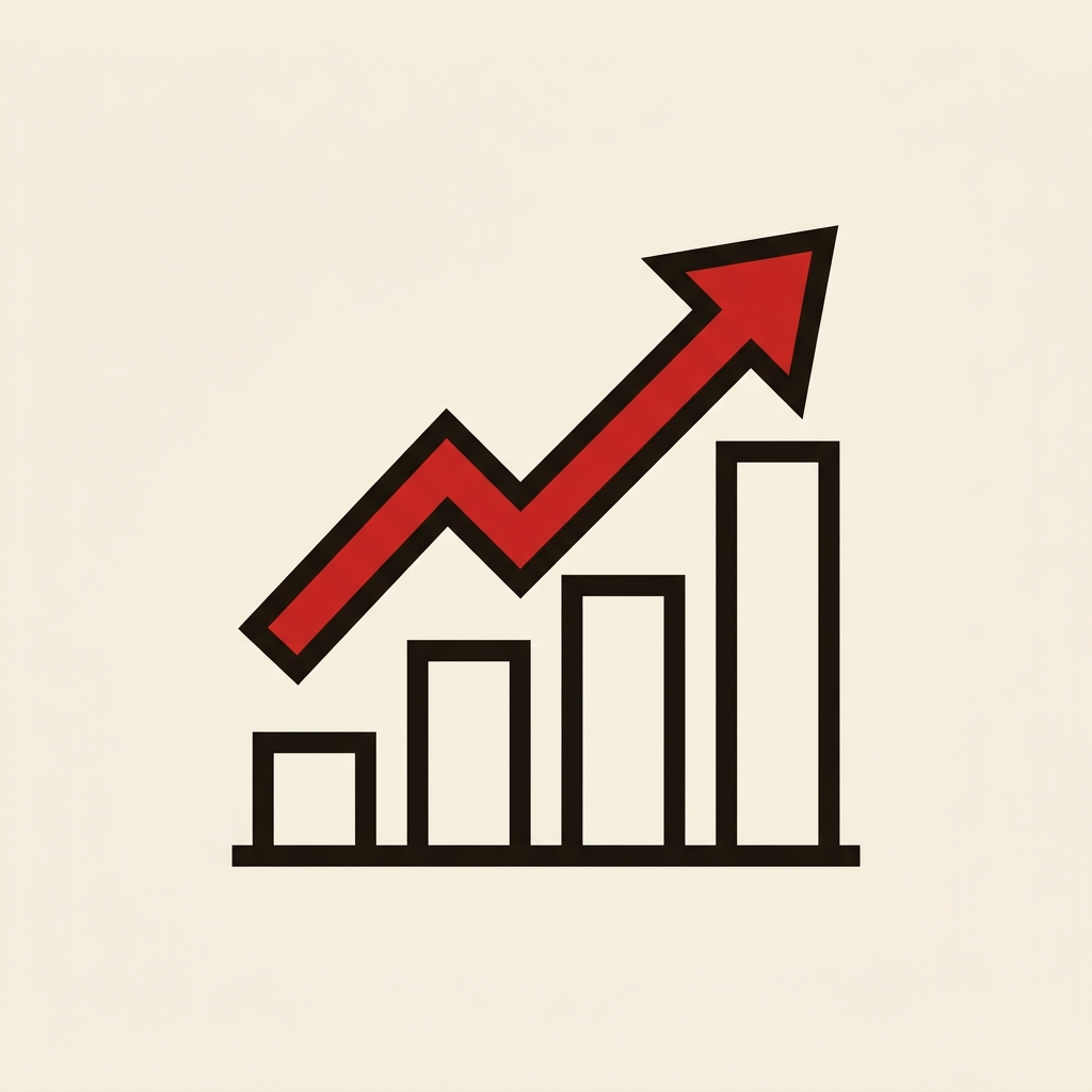 A bar chart climbing with a steep rising arrow