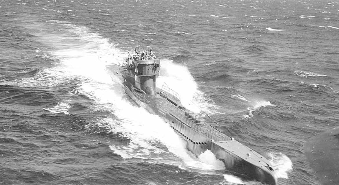 A WWII submarine on the open ocean